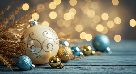 Festive Holiday Arrangement: Decorative bulbs adorn a rustic surface, illuminated by bokeh lights creating a serene winter ambiance.