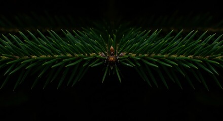 Macro photograph displaying the intricate details of a vibrant green evergreen branch against a stark black background, creating contrast.