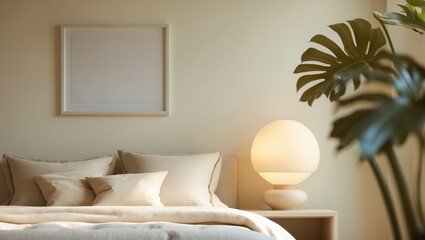 A cozy bedroom with a bed, pillows, a round lamp on a nightstand, and a large potted plant in the corner, against a light-colored wall.