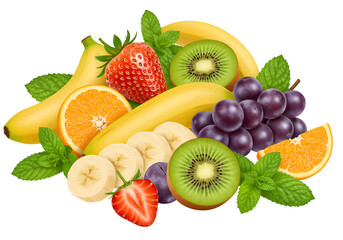 Illustration of Fresh Fruits with Mint on Transparent Background