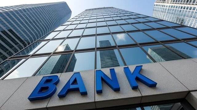 Tulisan bank biru pada fasad gedung kaca menjulang melambangkan stabilitas finansial, investasi korporasi, dan kekuatan ekonomi modern