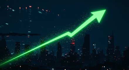 A vibrant green arrow rises triumphantly against a backdrop of city lights, symbolizing growth, progress, and achievement.