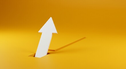 A white arrow emerges from a yellow surface, suggesting growth, progress, and breakthrough success with a positive upward trend.