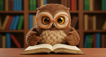 Whimsical owl wearing glasses reads a book at a wooden desk, with a bookshelf in the background. Study animal.