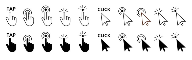 タップとクリック操作を示すジェスチャーアイコンセット（UI UX 操作ガイド ベクター）