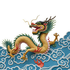 Illustration of Golden Dragon on Blue Clouds