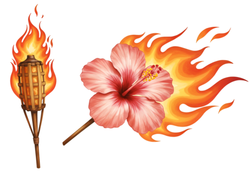 Illustration: Flaming Hibiscus and Torch on Transparent Background