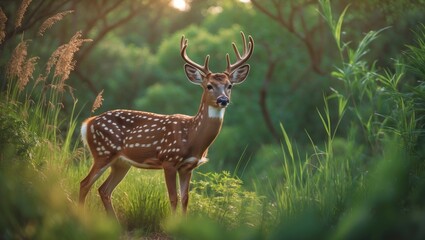 Fawn with antlers standing in lush green forest during daylight. Wildlife and nature scene. Forest and animal habitat. Peaceful and natural environment.