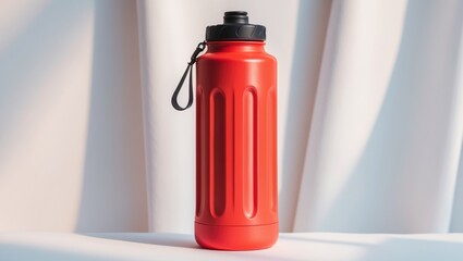 Red water bottle with a strap, standing on a surface with a curtain background. Hydration and fitness accessory. The concept of hydration and portable water containers.