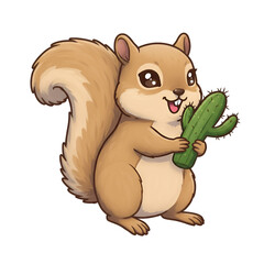 Naklejka premium Illustration of a Cute Cartoon Squirrel Holding a Cactus