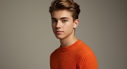 Young man portrait with confident gaze and stylish hair, wearing an orange sweater against a plain backdrop.
