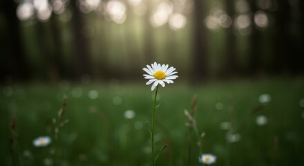 A single daisy stands in a meadow, lit by sunlight filtering through the forest in the background, creating a peaceful nature scene.