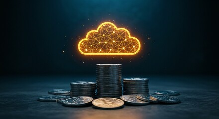 A stack of coins sits beneath a glowing cloud, illustrating the convergence of cloud computing and decentralized finance.