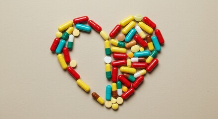 A collection of multicolored pills and capsules are arranged in the shape of a heart on a cream-colored surface.