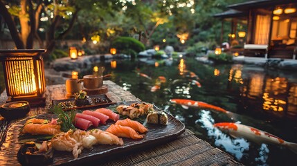 Human eye view of sushi platter nigiri sashimi served near pond with koi fish and lantern reflections outdoor traditional Japanese teahouse setting soft evening lighting luxurious culinary atmosphere