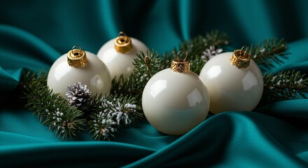 Elegant Christmas decorations: Ivory ornaments & pine sprigs on a luxurious teal fabric. Holiday still life with festive charm.