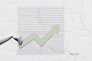 Human hand holding an upward arrow. Concept of business and finance. Collage art