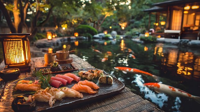 Human eye view of sushi platter nigiri sashimi served near pond with koi fish and lantern reflections outdoor traditional Japanese teahouse setting soft evening lighting luxurious culinary atmosphere