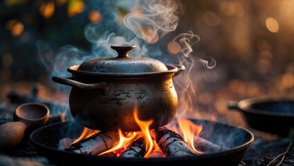 Pot on open fire with flames and smoke, outdoor cooking scene, warm and rustic ambiance, traditional cooking method.