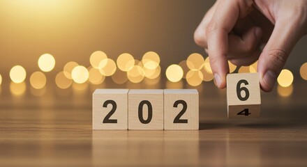 Hand changing wooden blocks from 2024 to 2026. New year concept with blurred bokeh background. Anticipating future success.