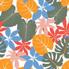 Abstract seamless tropical pattern with bright plants and leaves on a white background. Summer colorful hawaiian seamless pattern with tropical plants. Beautiful print with hand drawn floral plants.