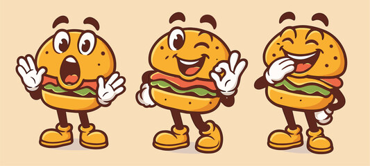 Three cheerful hamburger mascot cartoon style