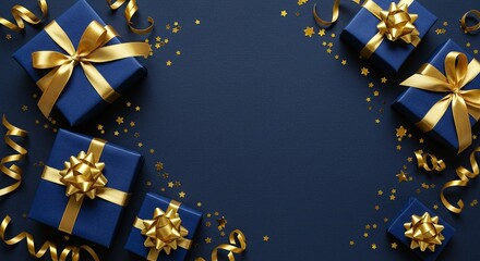 Elegant blue gift boxes with golden ribbons and star confetti, creating a festive frame on a dark blue background, ideal for celebrations.