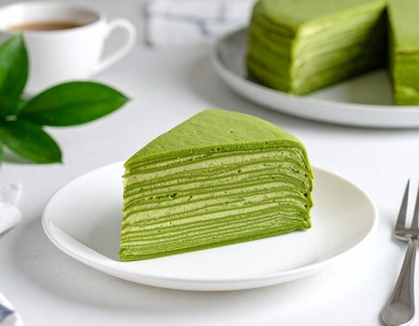 Slice of Matcha Crepe Cake on White Ceramic Plate with Fork