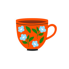 Ceramic mug with floral pattern. Teacup with floral decor. Teacup mug in modern trendy style. Flat vector illustration isolated on white background. Ceramic drinkware.