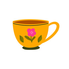 Ceramic mug with floral pattern. Teacup with floral decor. Teacup mug in modern trendy style. Flat vector illustration isolated on white background. Ceramic drinkware.