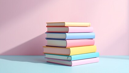 Stack of Colorful Books on Pink Background – Back to School or Girl's Study Theme