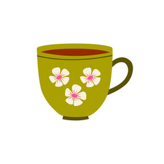 Ceramic mug with floral pattern. Teacup with floral decor. Teacup mug in modern trendy style. Flat vector illustration isolated on white background. Ceramic drinkware.