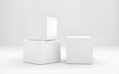 Three blank white cubes on a neutral background. High quality
