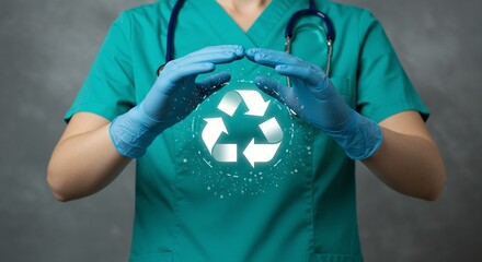 Medical professional advocates recycling, wearing scrubs and gloves, protecting a glowing recycling symbol, promoting sustainable practices