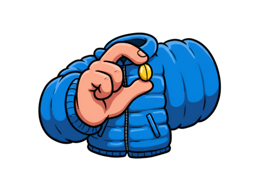 Illustration of Hand in Blue Puffer Jacket Holding a Gold Coin - Powered by Adobe