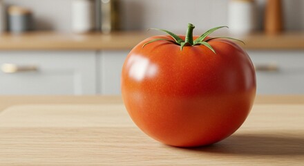 Vibrant close-up of a plump tomato with a glossy red surface and fresh green stem, sitting on a light wooden surface.