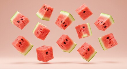 Watermelon cubes float on a light pink background, showcasing a refreshing and playful summer vibe with vibrant colors and geometric shapes.