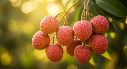 A cluster of ripe lychees hangs from a tree branch, bathed in warm sunlight, showcasing their unique texture and vibrant color.