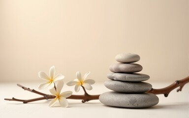 Neutral background with stones branch and natural colors ideal for beauty product branding and packaging Front perspective copy space. Mockup image. High quality