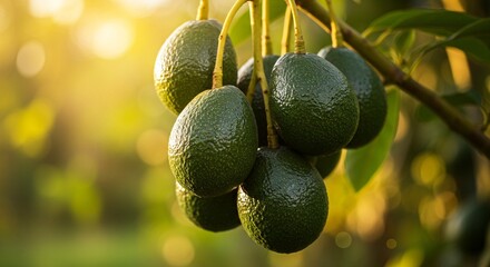 Cluster of fresh avocados hanging from a tree branch, bathed in warm sunlight, showcasing the fruit's natural beauty.