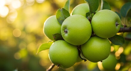 Lush green apples cluster on a branch, bathed in warm sunlight, promising a crisp and refreshing treat from the orchard.