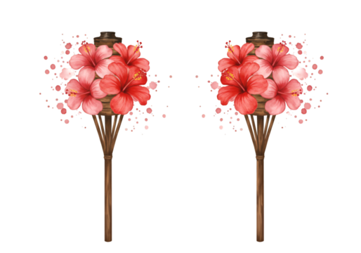Illustration of Two Tiki Torches With Hibiscus Flowers - Powered by Adobe