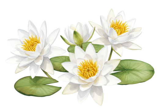 Illustration of White Water Lilies With Green Leaves on Transparent Background