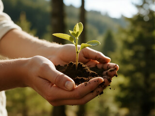 A close-up of a person's cupped hands gently holding a small green sprout with soil, symbolizing growth, care, and a new start in nature.

