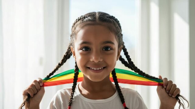 Happy little girl with braided hair holding a ribbon with Rastafarian colors. Smiling child celebrating cultural heritage and identity. Portrait of a joyful kid.