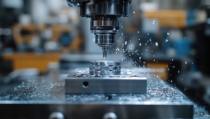 A CNC machine cutting metal with precision, producing metal shavings in an industrial manufacturing setting.