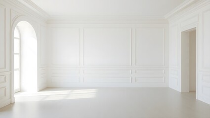 Fototapeta premium Spacious, bright classical interior with white walls, an arched window, and clean minimalist design.