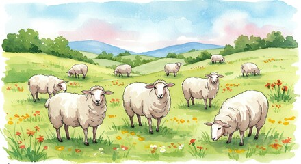 Obraz premium Sheep grazing in a lush meadow watercolor painting