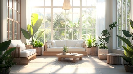 Fototapeta premium Bright and Cozy Sunlit Living Room with Plants and Natural Decor