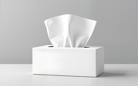 Ultra quality image of box of tissues mockup concept. A simple white tissue box with tissues partially pulled out, set against a neutral gray background. High quality